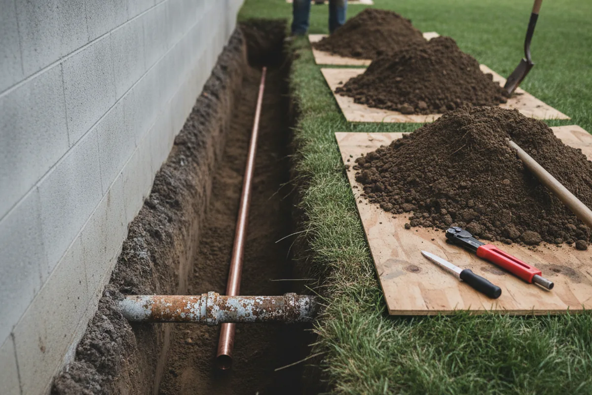 Excavated water line trench during Water Softener Installation in Mount Rainier